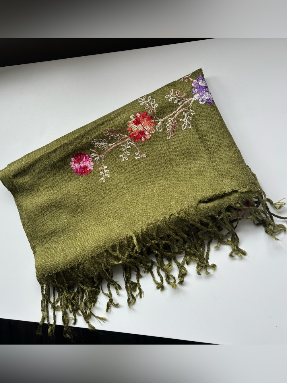 Olive green PASHMINA silk scarf/shawl with embroidered flower print